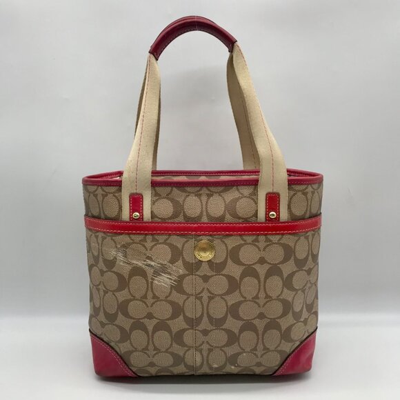 Coach Brown Monogram Canvas Pink Heritage Stripe Tote Bag 11349 - Picture 2 of 11